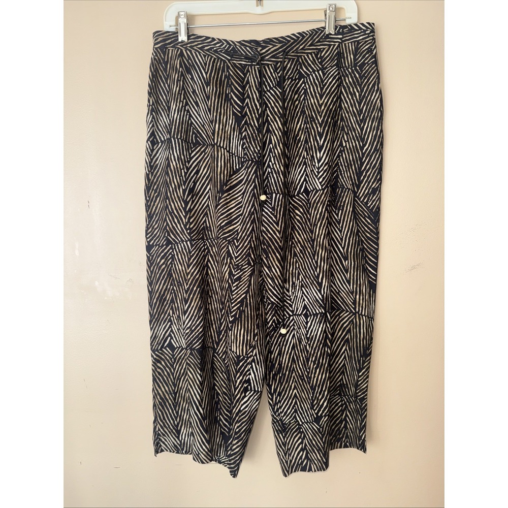 Lauren Ralph Lauren Silk Linen Pants Sz 12 Black Tan Chevron Print Wide Leg